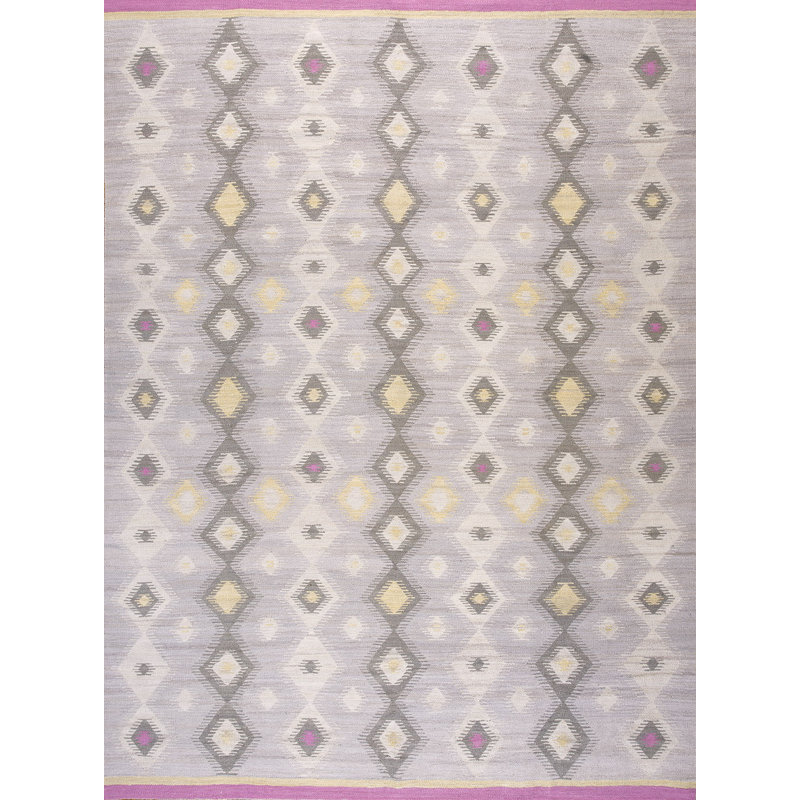 Tapis unique en laine noué à la main gris clair / ivoire / rose de 9 pi x 12 pi