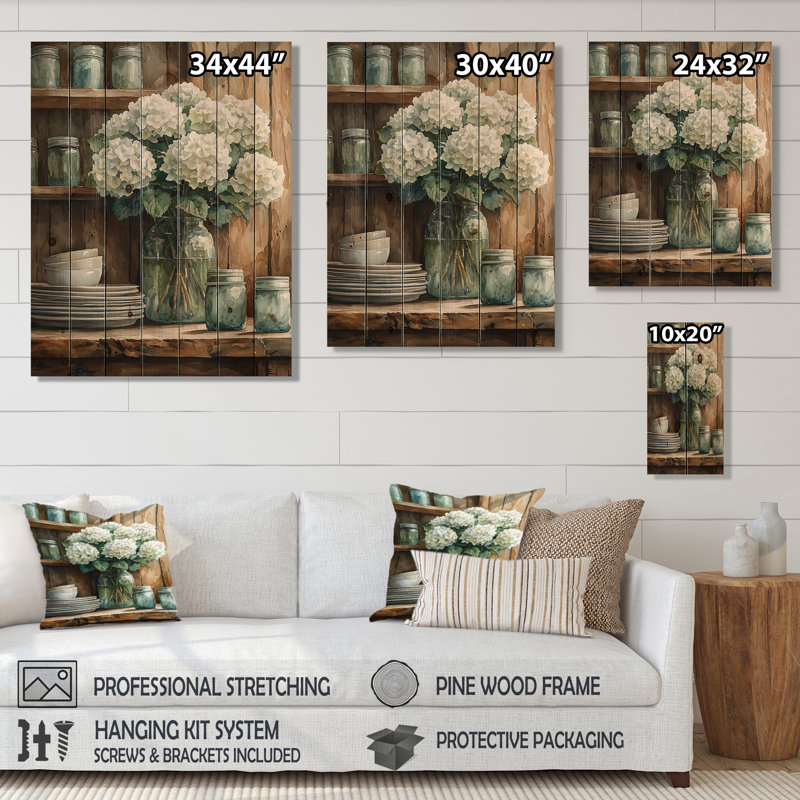 Hydrangées dans la ferme IV - Décoration murale en bois d'hortensias - sur bois de pin naturel, H 32 po x l 24 po x P 0,78 po