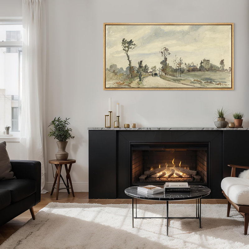 Rustic Countryside, campagne, aquarelle, paysage rétro encadré sur toile, H 30 po x l 60 po, Naturel