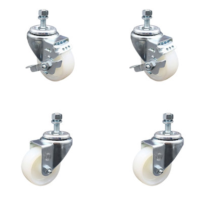 3 Inch Nylon Wheel Swivel ½ Inch Threaded Stem Caster Set 2 Brakes SCC