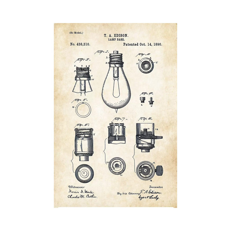 Thomas Edison Lamp by Patent77 - Wrapped Canvas Print, 20.32 cm H x 30.48 cm W