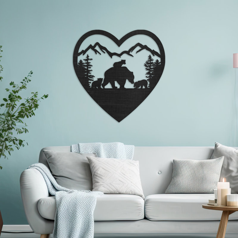Art mural en forme de cœur avec ours et oursons - ACM, H 32 po x l 32 po x P 0,25 po, Argent