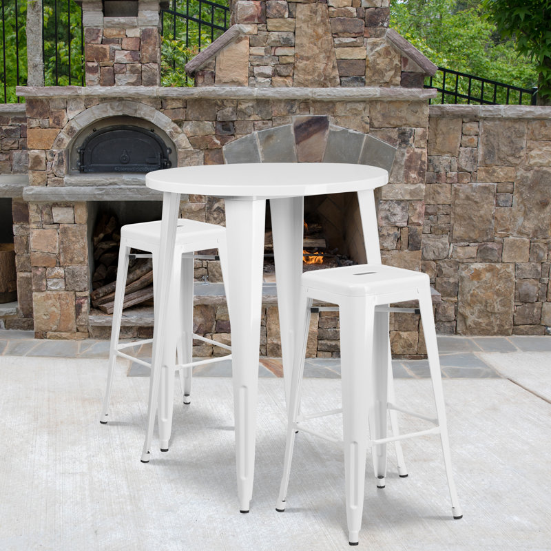 Gyala Round Metal Indoor-Outdoor Bar Table Set with 2 Square Seat Backless Stools, White, 41" H x 30" W x 30" D