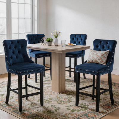 Velvet Upholstered Bar Stool with Button Tufted Back (Set of 4)