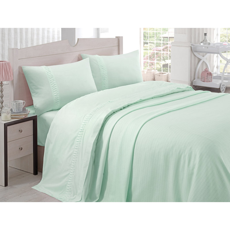 Ensemble 100% coton piqué Cydnei, Courtepointe 94 po x 87 po + 3 pièces supplément, Vert