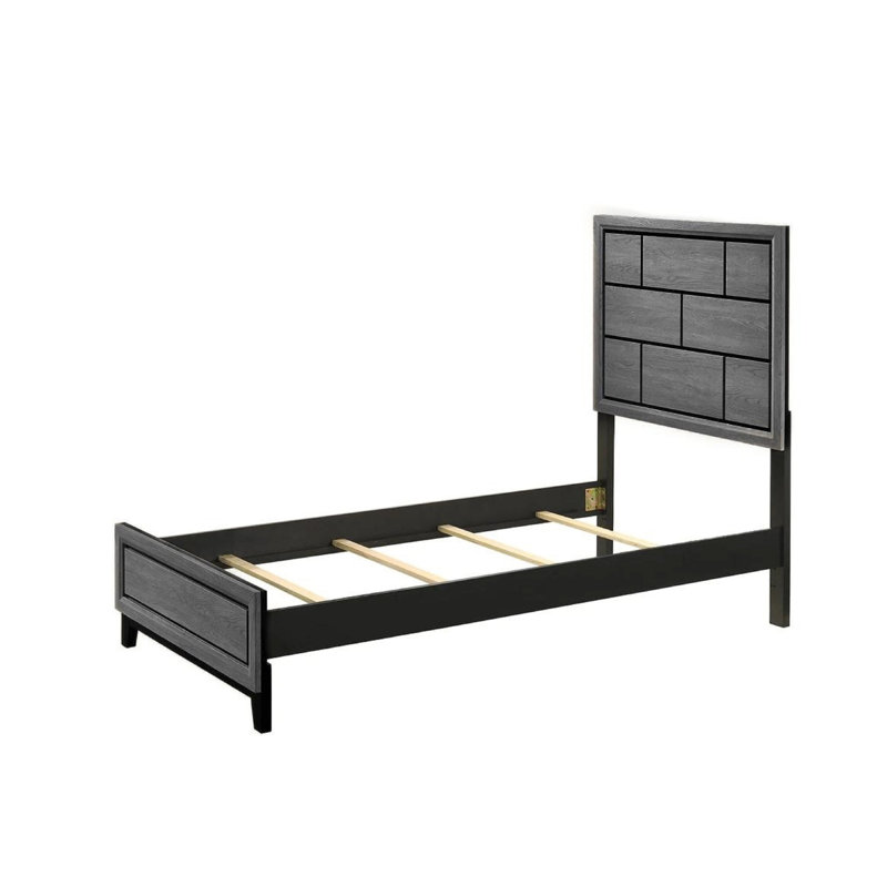 Lit simple à profil bas gris de style contemporain avec tête de lit à décor géométrique - Bibliothèque, Gris brun