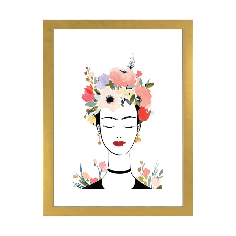 «Flower Crown Frida I» par Isabelle Z - impression d'art graphique, H 24 po x l 16 po x P 1 po, Papier encadré doré, Blanc