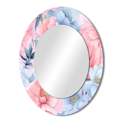 Pink And Blue Petunia On White I - Floral Oval Decorative Mirror On Metal