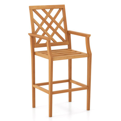 Patio Teak Wood Bar Stool With Ergonomic Backrest Armrests & Footrest Outdoor