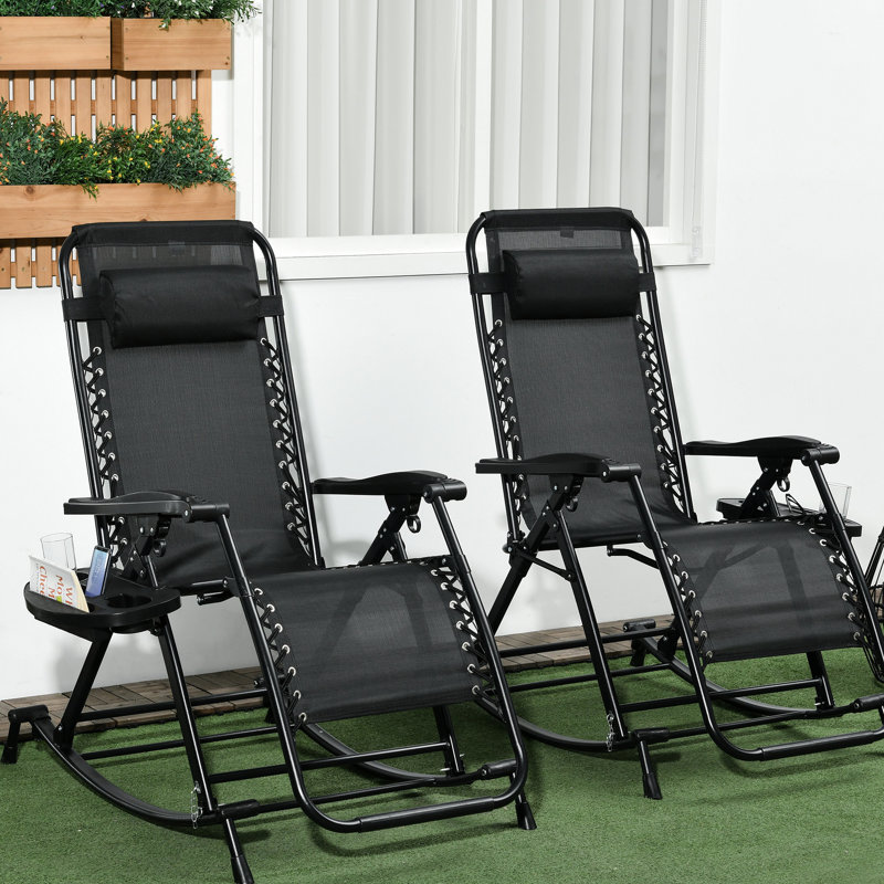 Foldable Rocking Chairs, Zero Gravity Reclining Lounge Rocker With Pillow, Cup & Phone Holder, Black, Steel Frame, Creates A Comfortable Outdoor Nook Versatile For Activities