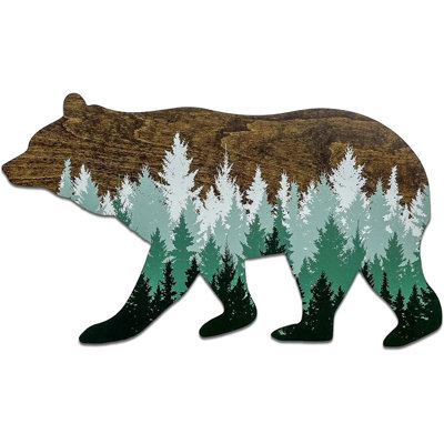 Plaque murale «Forest Bear» - noyer foncé avec des pins verts - décor de bois rustique pour chambre de bébé, chambre à coucher, chalet, bureau ou grotte d'homme
