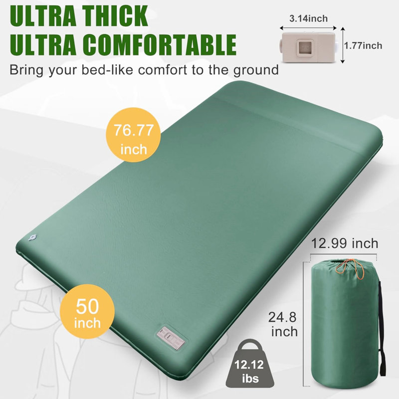 3.14" Thick Memory Foam Camping Mattress 2 Person w/Pillow, Green