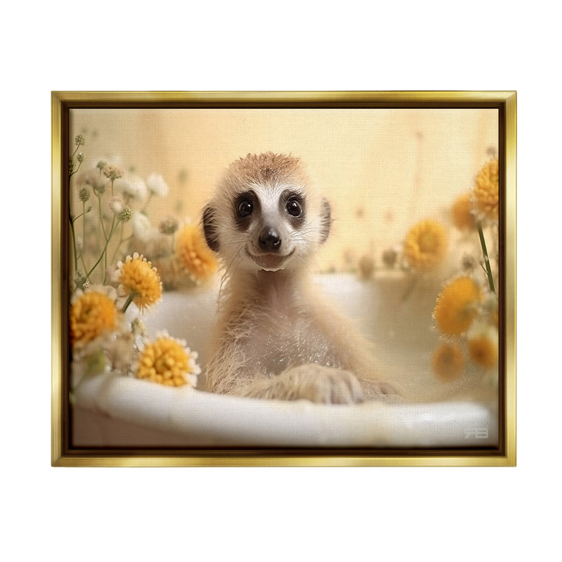 "Suricate et bain floral" par RB sur toile, Cadre flottant métallique doré, H 25 po x l 31 po