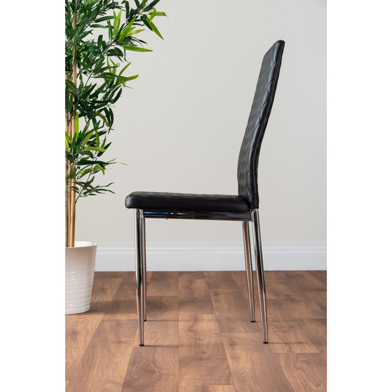 Vogo Modern Design Chrome and Glass Dining Table Set with 6 Quilted Faux Leather Dining Chairs, Black