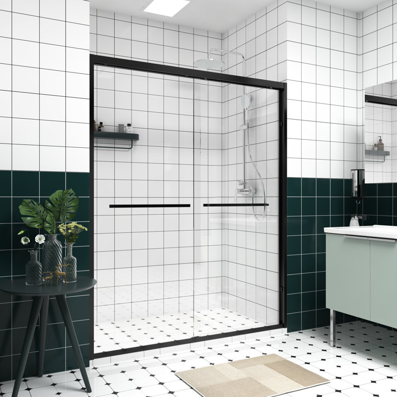 56 - Porte de douche double coulissante 56 po x 74 po avec quincaillerie noire, verre biseauté, installation réversible, poignée pour la salle de bain comme porte-serviettes