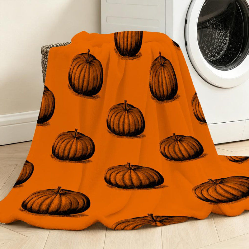 Jeté en molleton orange ultra doux en flanelle, motif citrouille sur un seul côté, Jeté 50 po x 60 po