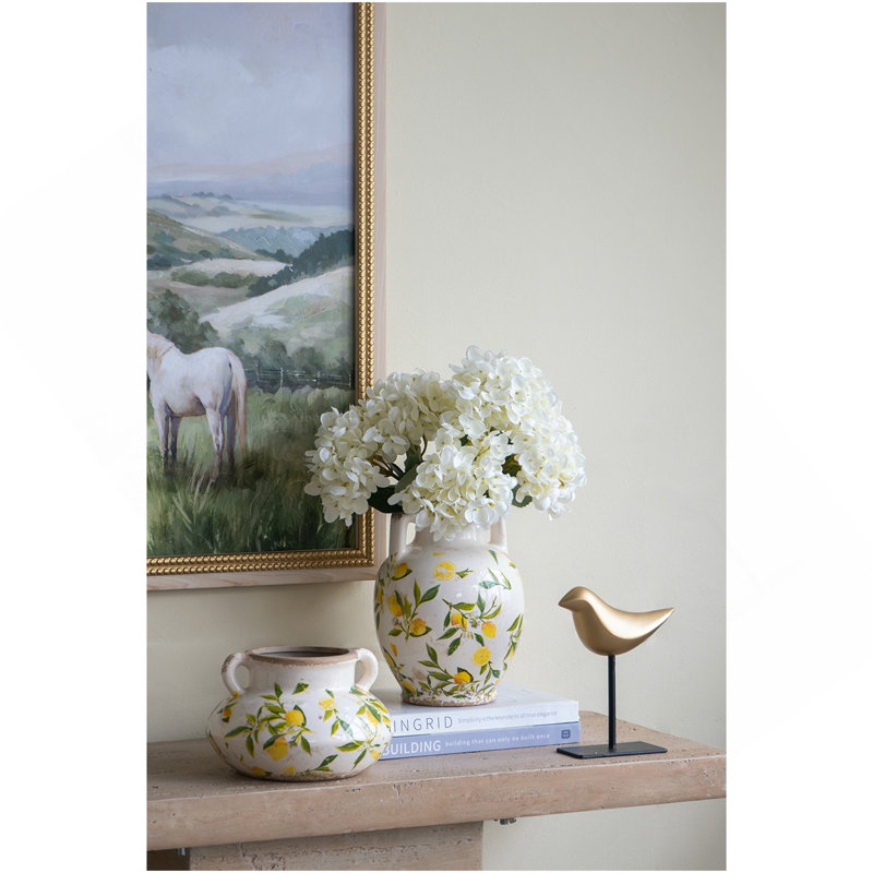 Vase en céramique 6,7 x 6,7 x 8,7 po avec motif jaune citron et petites poignées