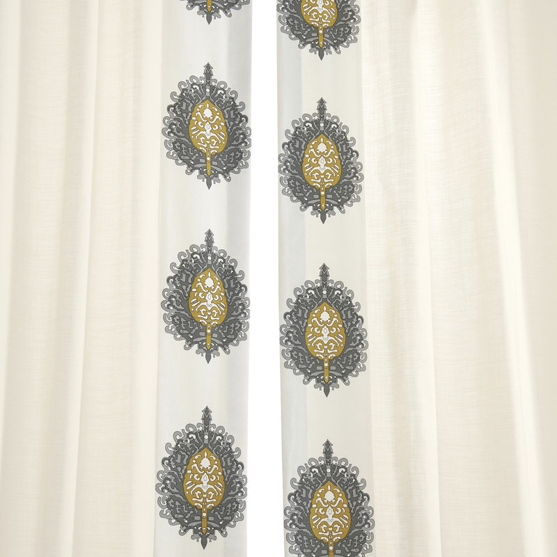 Gilded Medallion Solid Cotton Light Filtering Bordered  Curtains - Single Panel, 50" W x 108" L