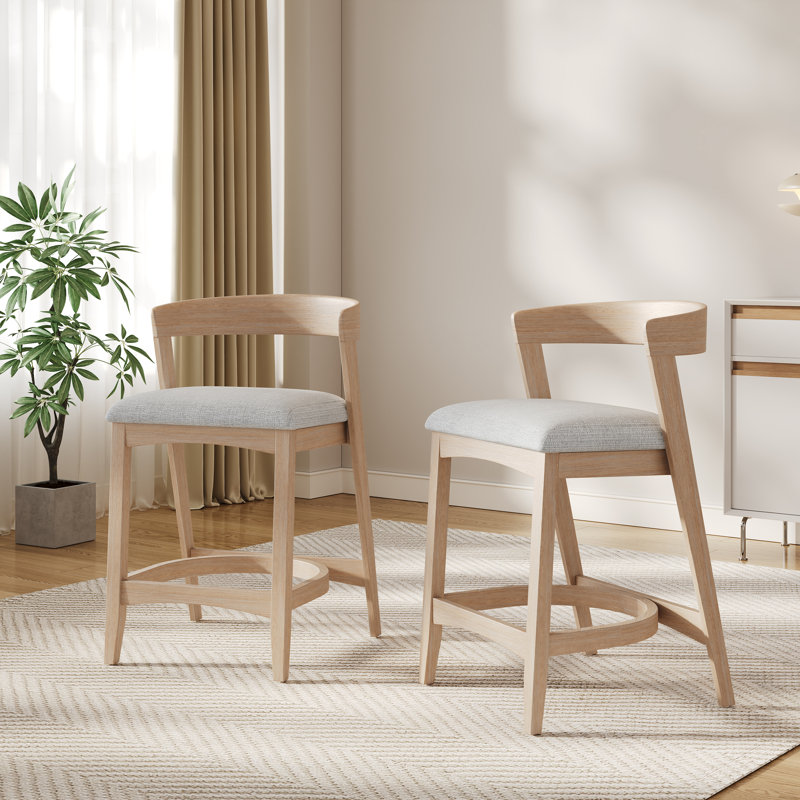 Avon Mid-Century Modern Wooden Counter Stools with Curved Back and Upholstered Seat, Beige Cushion/Natural Frame