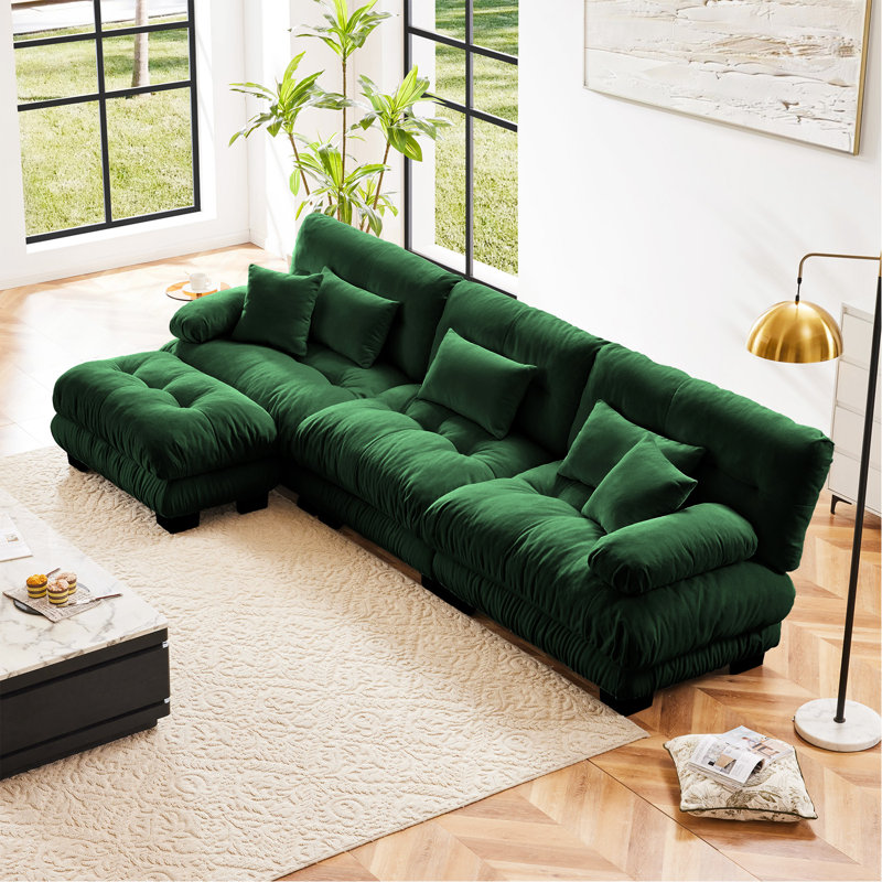 Canapé modulaire luxueux de luxe, canapé en nuage surdimensionné en forme de L pour le salon, canapé à siège profond avec repose-pieds convertible, vert chenille
