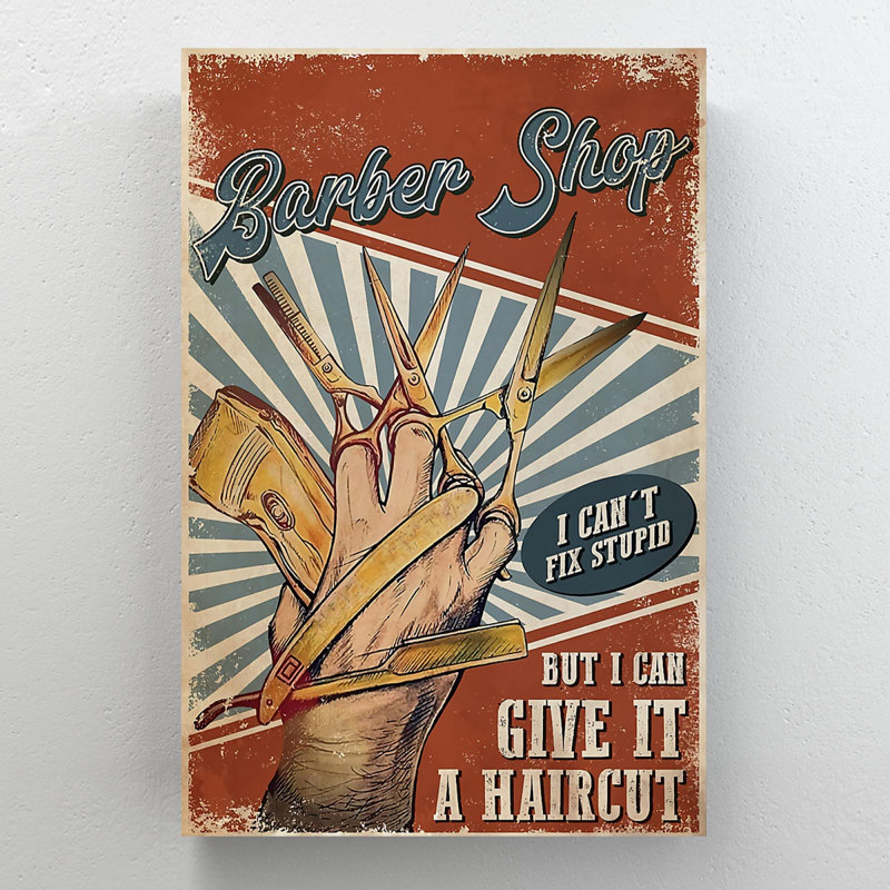 «Barber Tools With Hand - I Impossible Fix Stupid», reproduction d'art graphique sur toile tendue, H 36 po x l 24 po x P 2 po