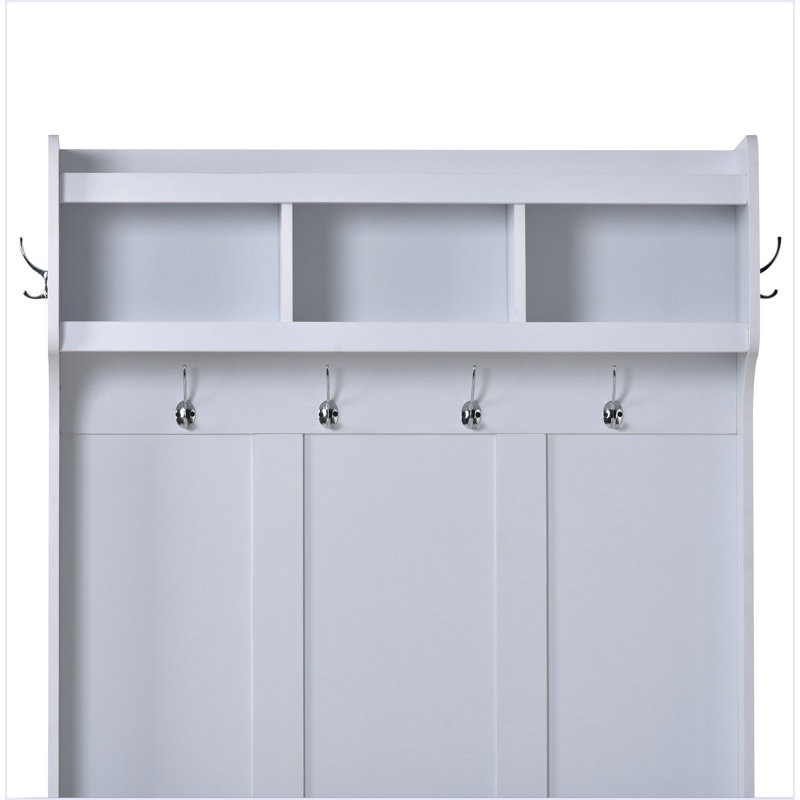 White Solid Wood Hall Tree with Storage and Hooks