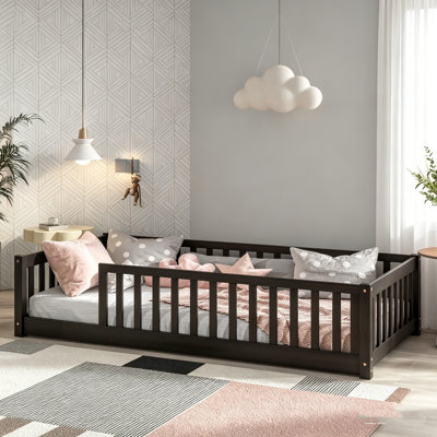Lit de plancher pour enfants, lit de plancher avec barrières de sécurité complètes, cadre de lit en bois Montessori pour enfants, cadre de lit plateforme, lit à profil bas pour lit pour garçons et filles