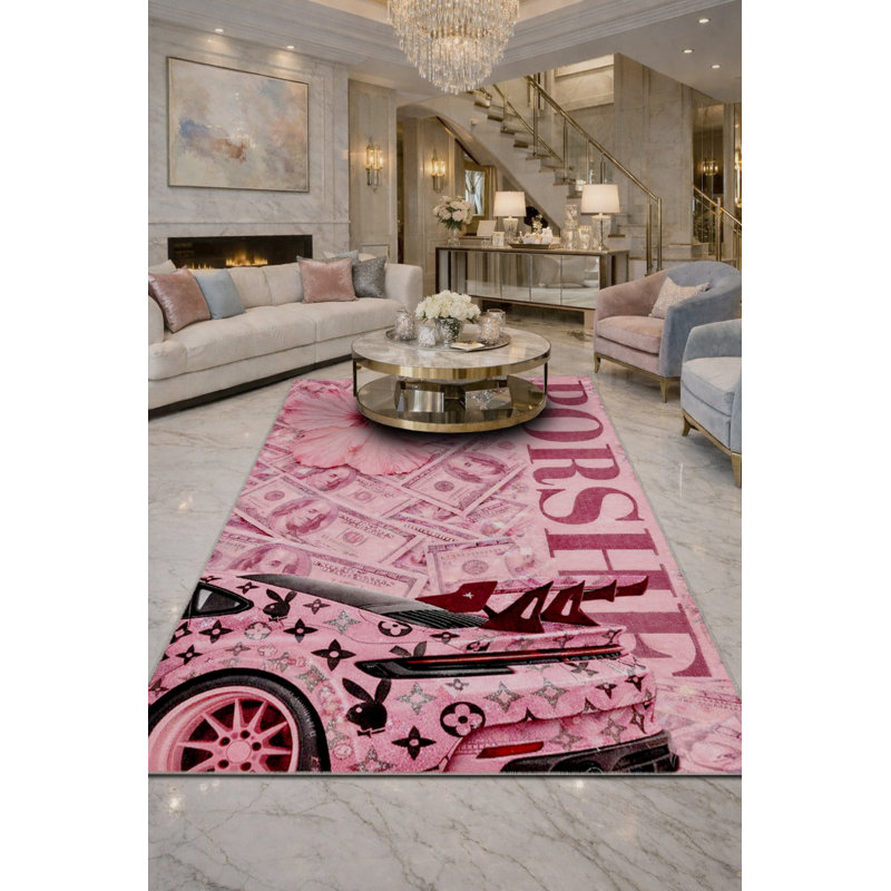 Tapis rose tissé à motif floral lavable Mosso, 2'6" x 4'11"
