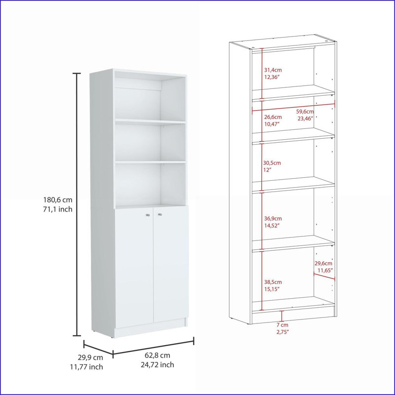 Bookcases 2-Piece Set, Sleek Contemporary Snow White with Closed/Open Storage | White | Particle Board