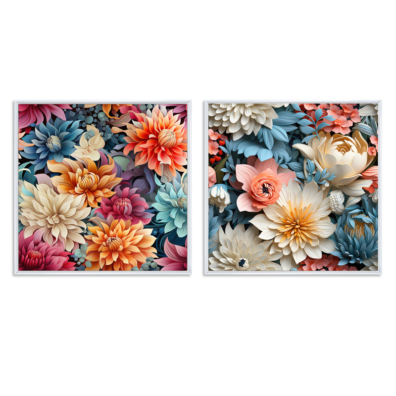 Parris - Ensemble de 2 collages carrés floraux, Cadre flottant blanc, H 30 po x l 61 po