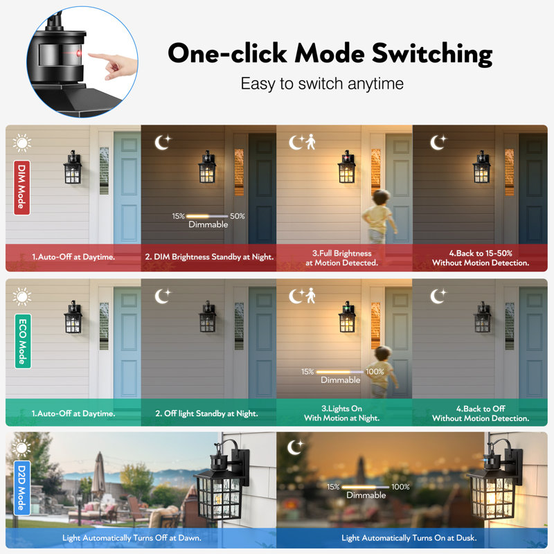 Black Outdoor Wall Lantern With Motion Sensor and Dusk To Dawn, Anti-Rust, Black
