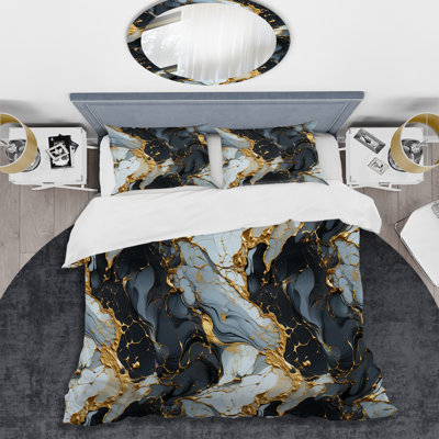 Gilded Gold And Black Luxe Marble Splendor Polyester Marble Duvet Cover Set