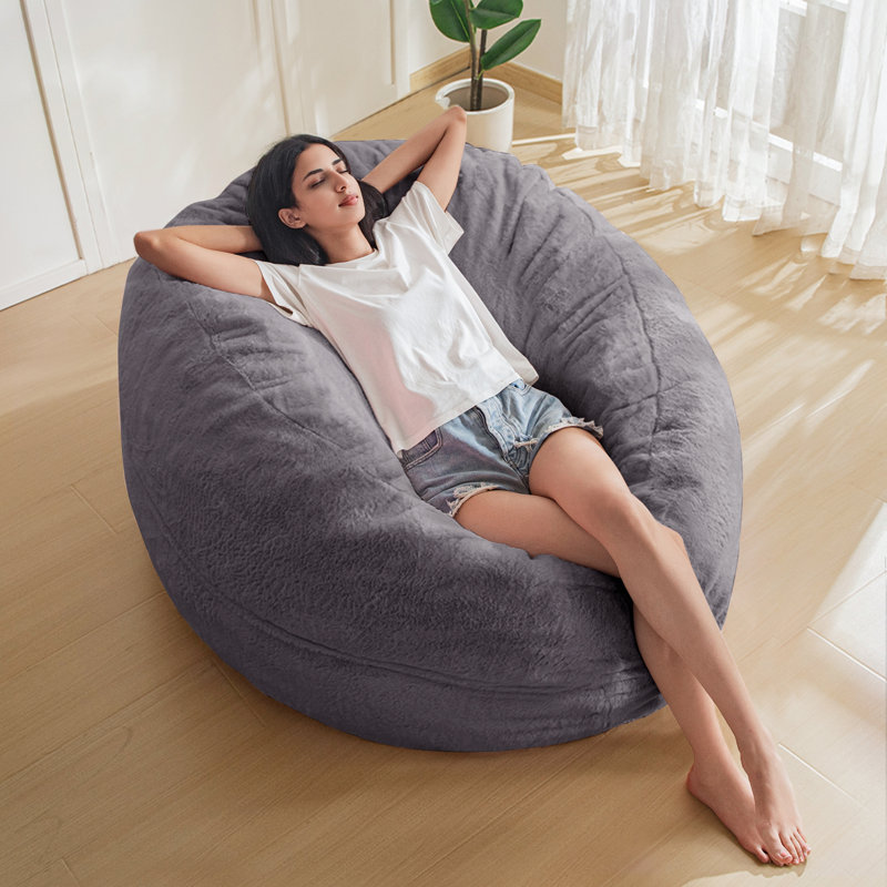 4/5ft Foam Filled Bean Bag Chair, 47.2" H x 47.2" W x 25.6" D, Gray Faux Fur