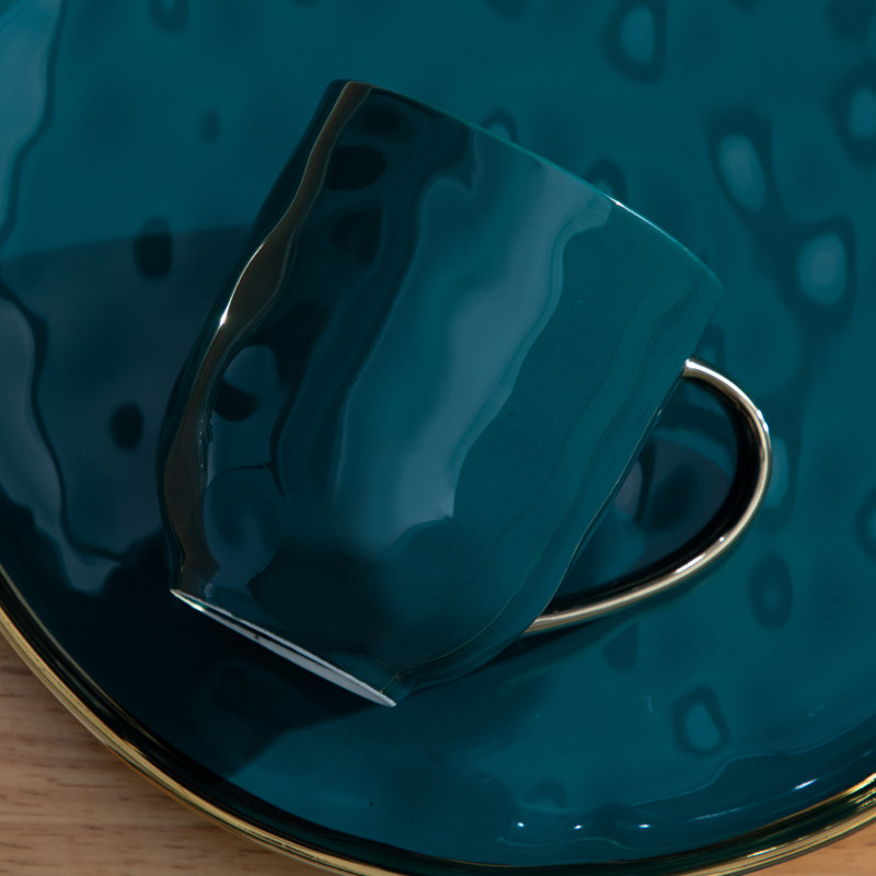 Colour 16 Piece Handmade Ceramic Dinnerware Set - Service for 4, Teal/Gold