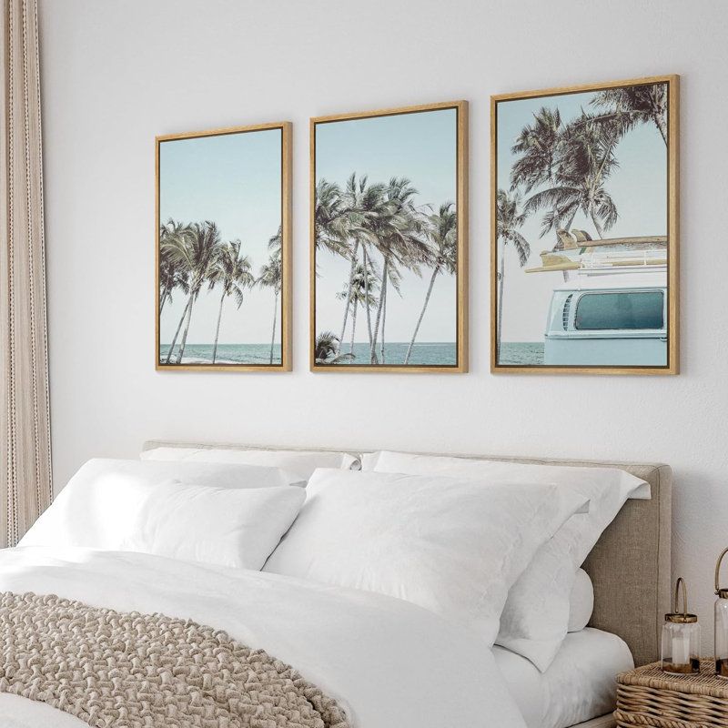 «Retro Road Trip Tropical Palm Tree Beach Holiday», reproduction sur toile encadrée 3 pièces, H 24 po x l 16 po x P 1,5 po