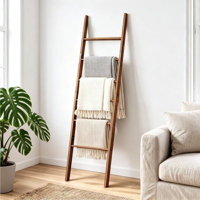 Wooden Blanket Ladder with Shelf, Rustic Farmhouse Standing Quilt and Towel Rack, Freestanding Decorative Storage for Living Room, Bedroom, and Bathroom