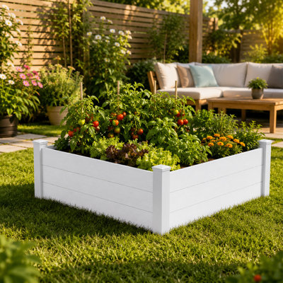 Ensemble de jardin surélevé de L 50,6 po x l 50,6 po Kozyard, pot à fleurs d'extérieur WPC avec cadre en aluminium, pot à fleurs surélevé avec drain de fond ouvert, toile de protection contre les mauvaises herbes pour fleurs, herbes