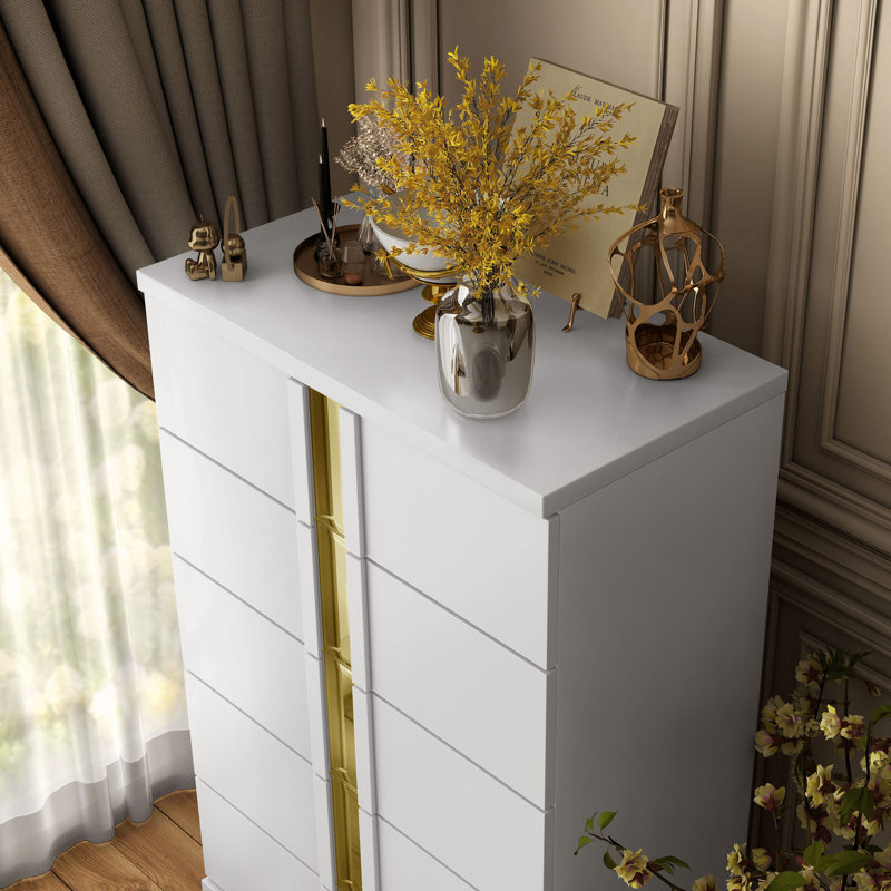 Commode 5 tiroirs Clemson, Blanc / Doré