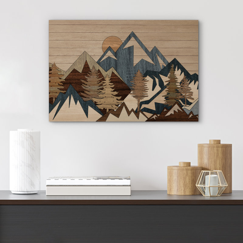 «Rustic Mountain Peaks with Pine Forest and Warm Sun», reproduction d'art sur toile encadrée très grande, Toile tendue