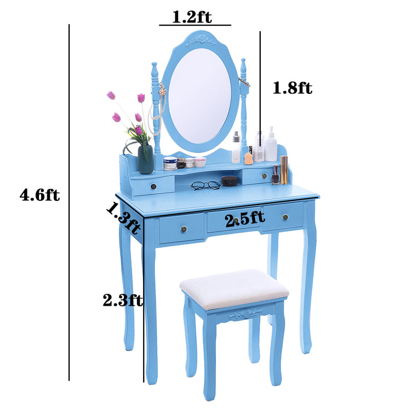 Ensemble coiffeuse avec tabouret et miroir Damichael, Bleu