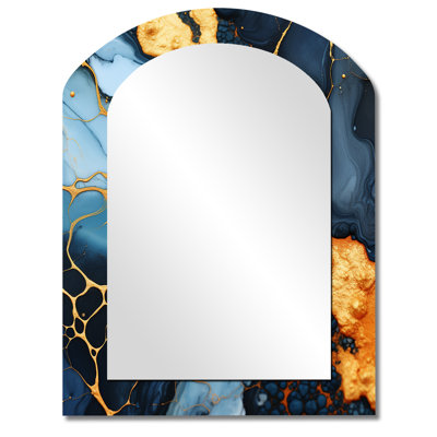 Lava Marble Art Liquid Orange And Blue II - Abstract Painting Asymmetrical Wall Mirror, Blue Arch Decorative Mirror, Printed Metal Art