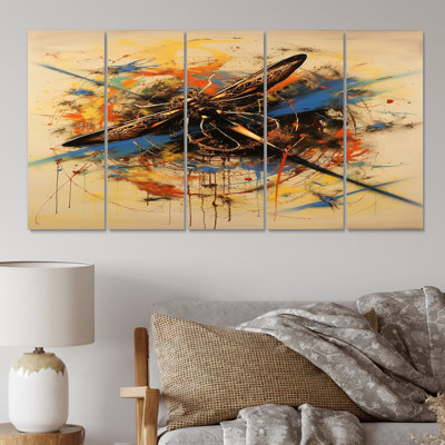 Expressive Paintign Of Dragonfly I - Animals Dragonfly Canvas Wall Art - 5 Equal Panels