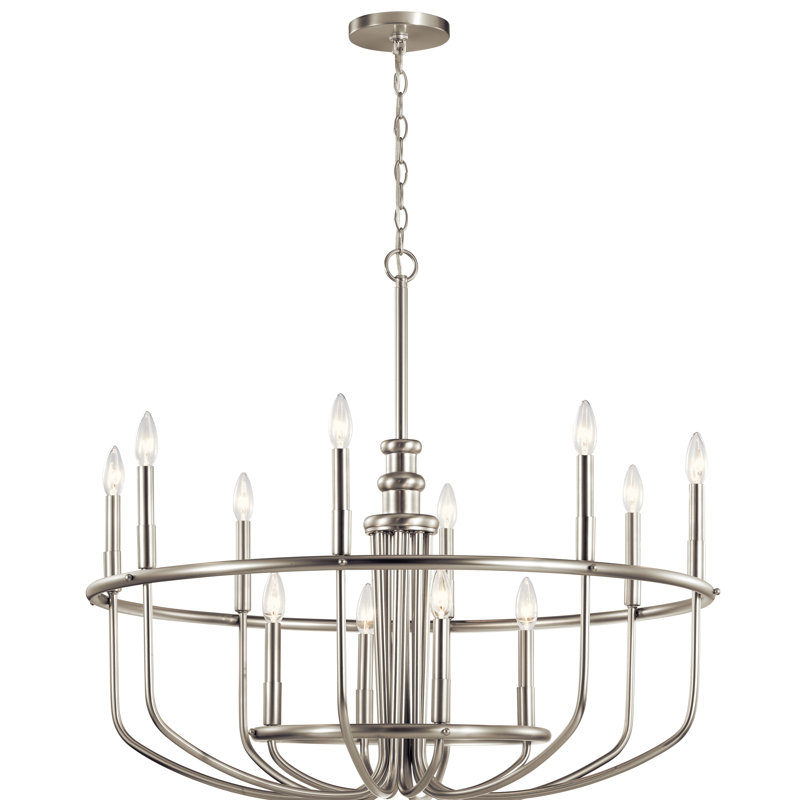 Lustre en roue de chariot à 12 lumières de style bougie Capital Hill, Nickel brossé