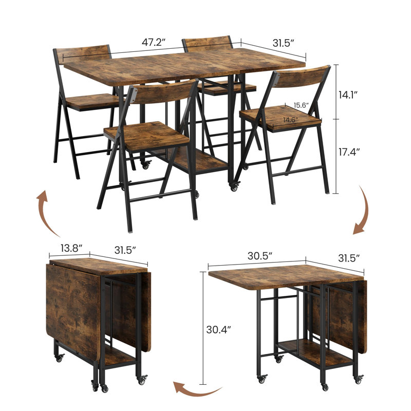 Ensemble de table de salle à manger pour 4 personnes, table de salle à manger pliante avec 4 chaises pliantes, table à abattants et chaises avec roulettes pivotantes, cachette, pour petit espace, cuisine, salle à manger, brun rustique
