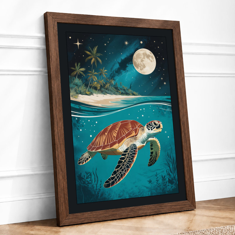 Turtle Under Moonlight Coastal - Framed Print, A2 - 59.4 x 42.0 cm, Walnut