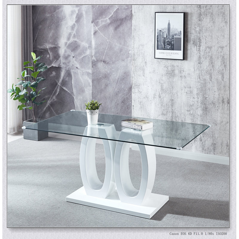 Table de salle à manger en MDF de conception moderne avec finition blanche et plateau en verre transparent, pour 6 personnes