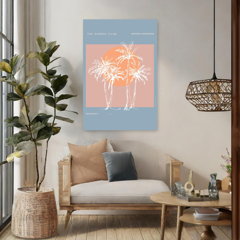 Coucher de soleil palmiers rétro minimaliste serein palmier côtier, impression d'art mural, 48" H x 32" W