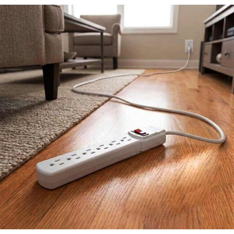  2 Ft Power Strip Surge Protector, 6 Outlet power strip With 90 joules Surge , Heavy Duty Plug, Grounded, Integrated Circuit Breaker, 3-Prong, Wall Mount