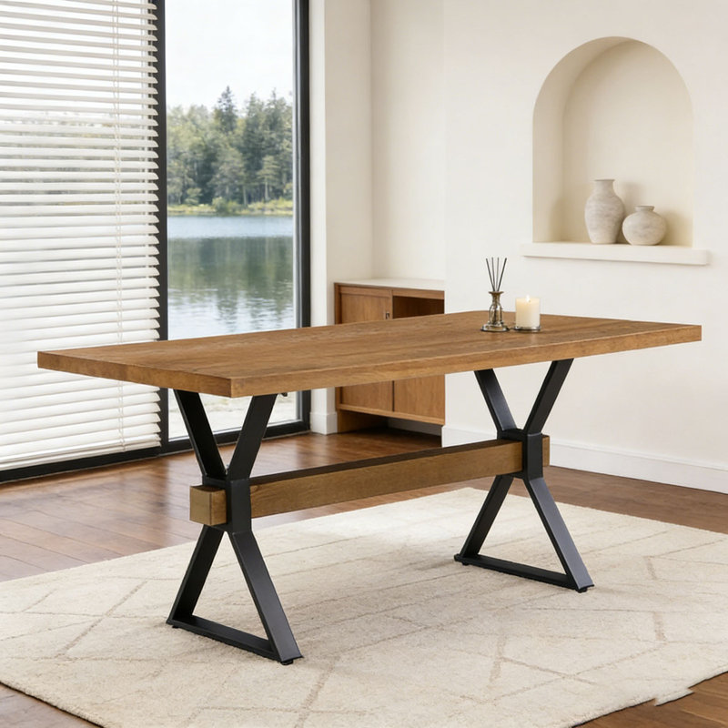 Shaun 63" Dining Table with X-Shaped Metal Legs, Brown