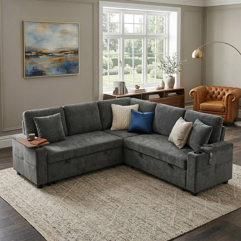 Symmetrical Upholstered Corner Sectional With Arm Table And Pull-Out Bed, Dark Gray